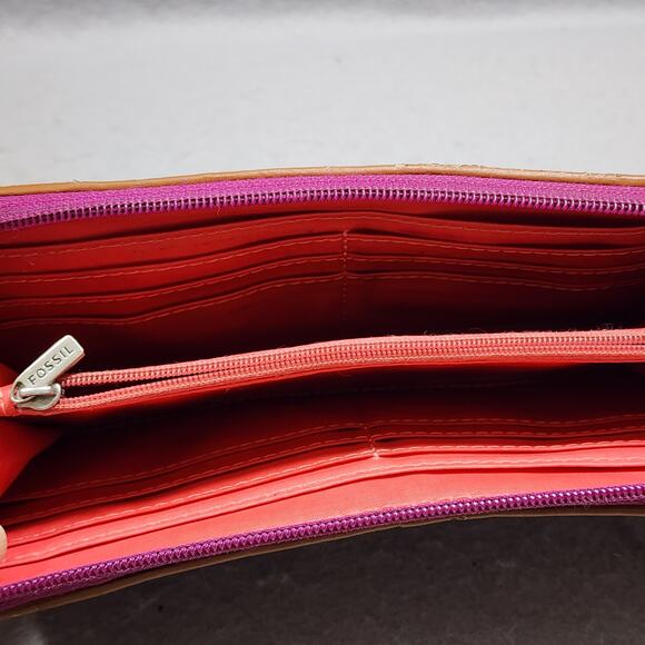 FOSSIL Keyper Clutch Wallet Pink-Purple Stripe 3 Pocket Zip Around Closure Disc - Picture 5 of 14